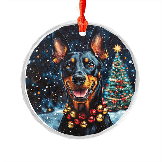 Beautiful Angus Doberman Pinscher Dog Christmas Night Design 4 Glass Ornament