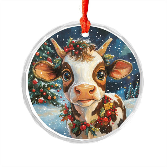 Beautiful Dairy Cow Christmas Night Design 3 Glass Ornament