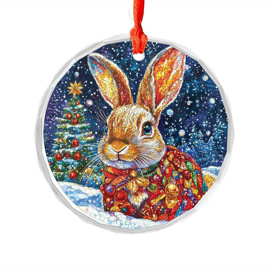 Beautiful Rabbit Christmas Night Design 3 Glass Ornament