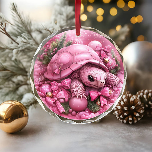 Tortoise Pink Christmas Design 4 Glass Ornament