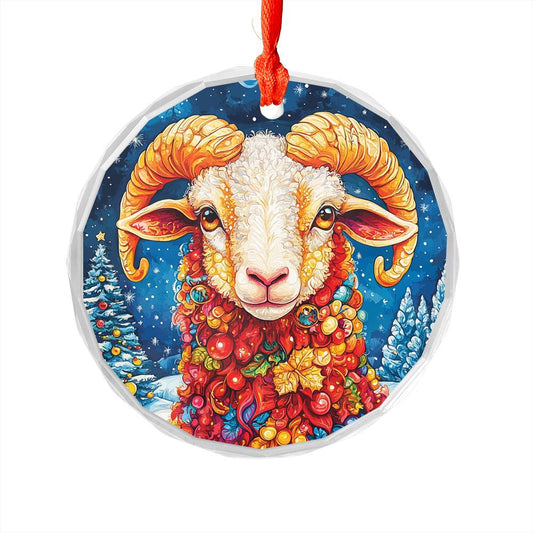 Beautiful Sheep Christmas Night Design 1 Glass Ornament