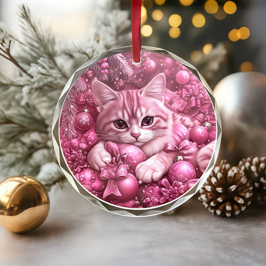 American Shorthair Pink Christmas Design 3 Glass Ornament