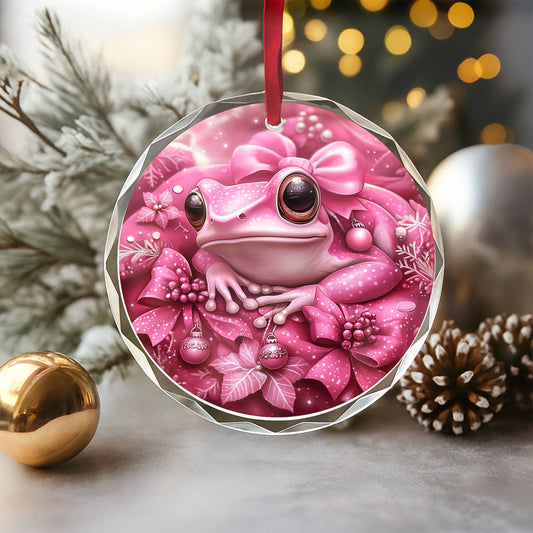 Frog Pink Christmas Design 2 Glass Ornament
