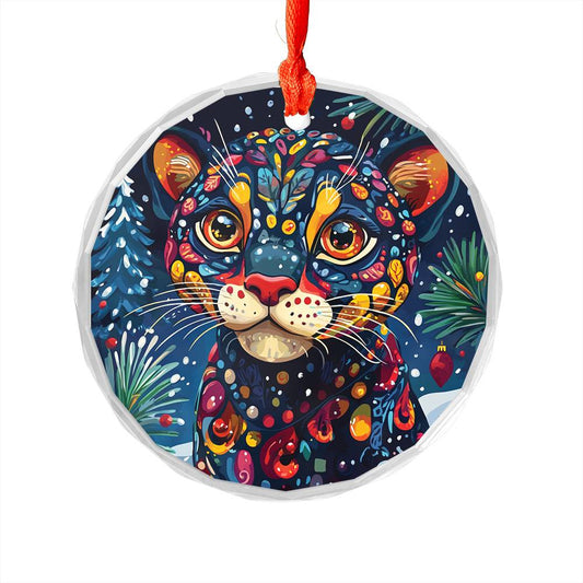 Beautiful Panther Christmas Night Design 3 Glass Ornament