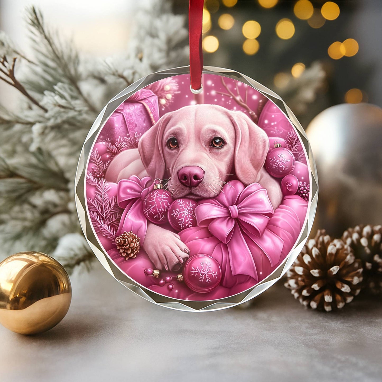 Labrador Retriever Dog Pink Christmas Design 4 Glass Ornament