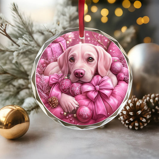 Labrador Retriever Dog Pink Christmas Design 4 Glass Ornament