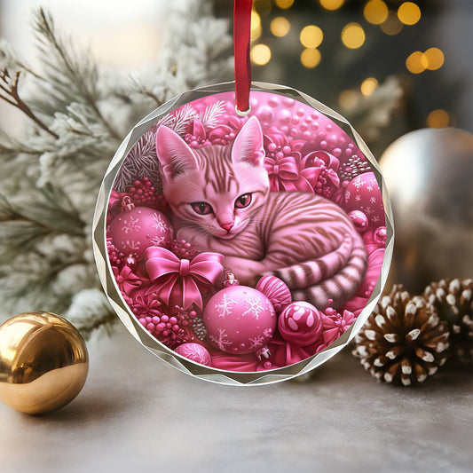 Egyptian Mau Cat Pink Christmas Design 1 Glass Ornament