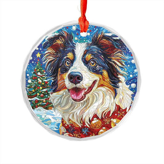 Beautiful Border Collie Dog Christmas Night Design 3 Glass Ornament