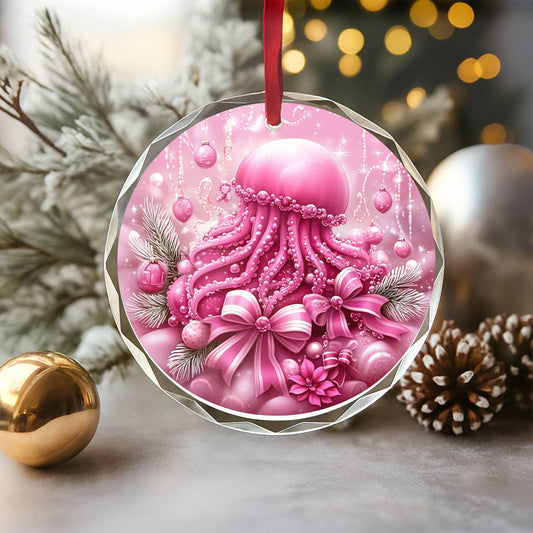 Jellyfish Pink Christmas Design 2 Glass Ornament