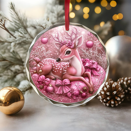 Deer Pink Christmas Design 4 Glass Ornament