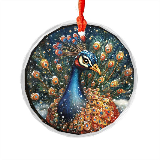 Beautiful Peacock Christmas Night Design 2 Glass Ornament