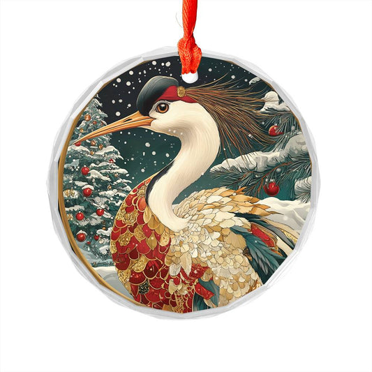 Beautiful Crane Christmas Night Design 3 Glass Ornament