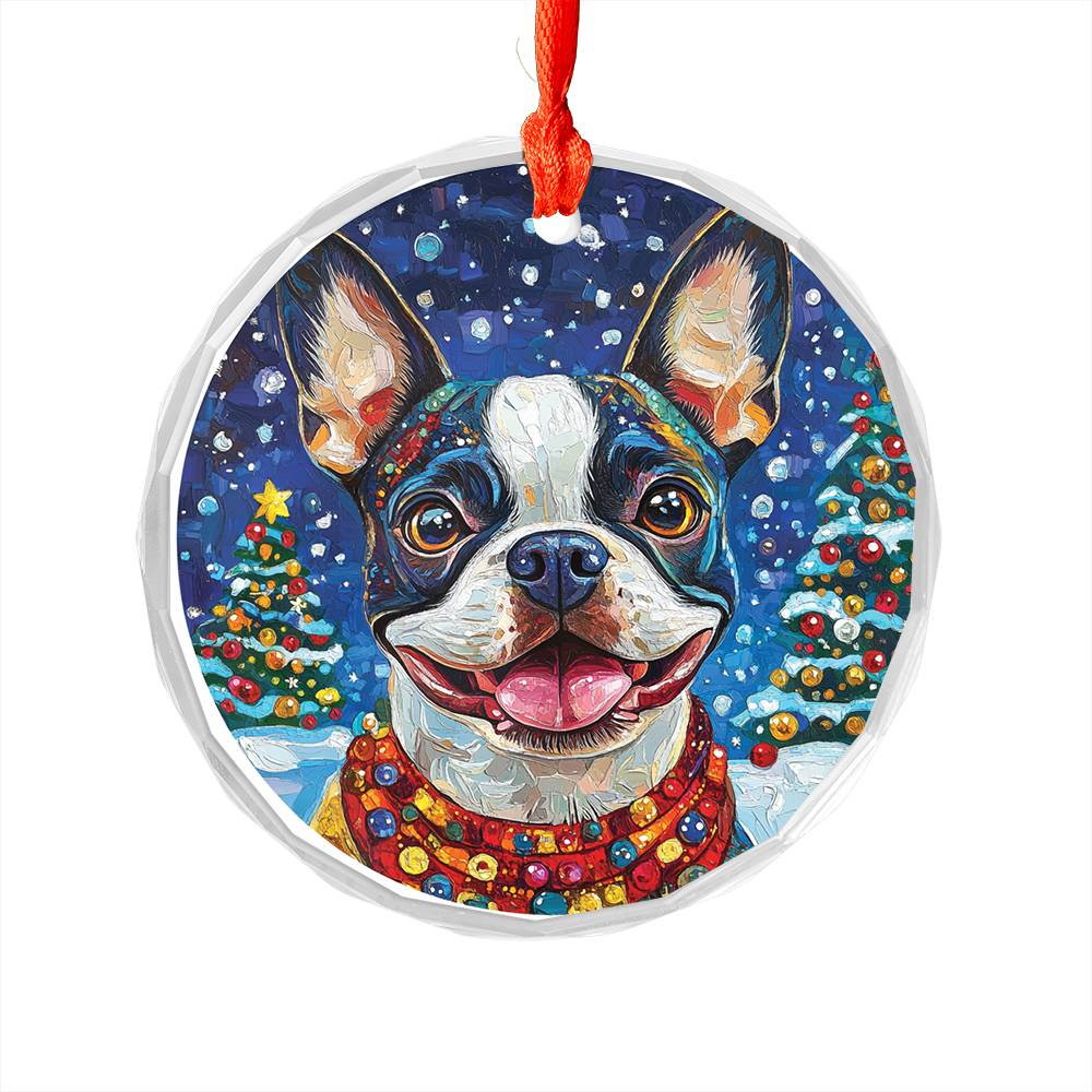 Beautiful Boston Terrier Dog Christmas Night Design 3 Glass Ornament