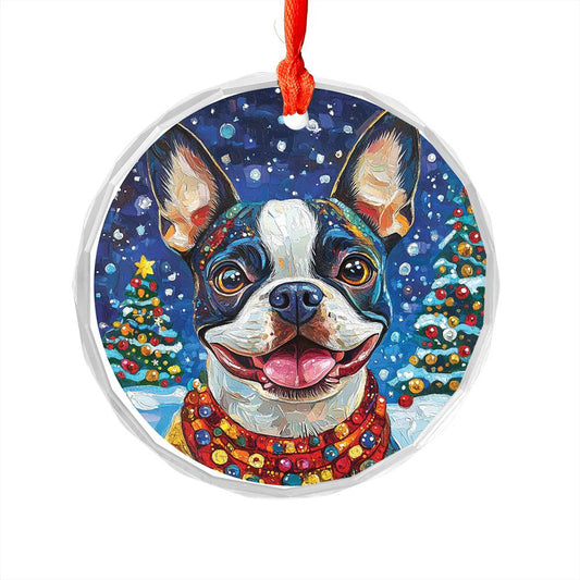 Beautiful Boston Terrier Dog Christmas Night Design 3 Glass Ornament