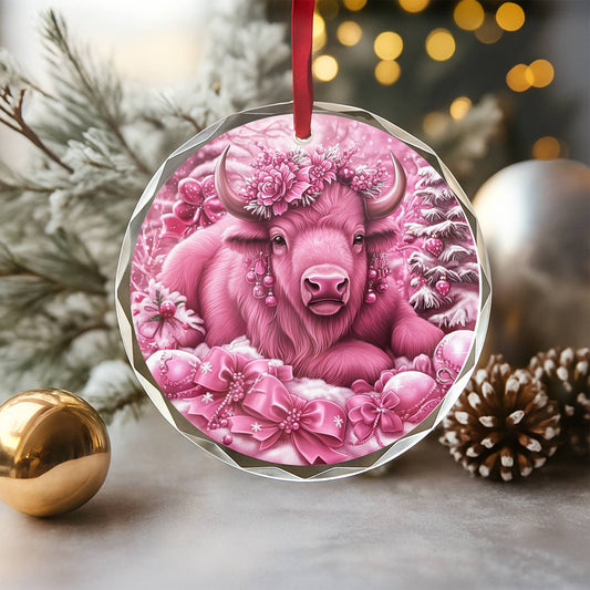 Bison Pink Christmas Design 1 Glass Ornament