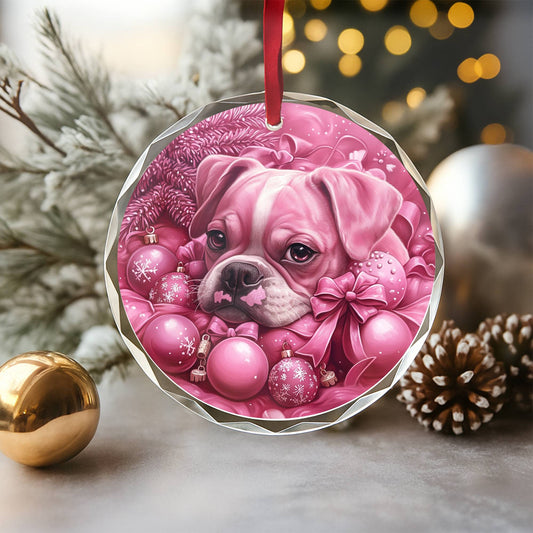 Boxer Dog Pink Christmas Design 3 Glass Ornament