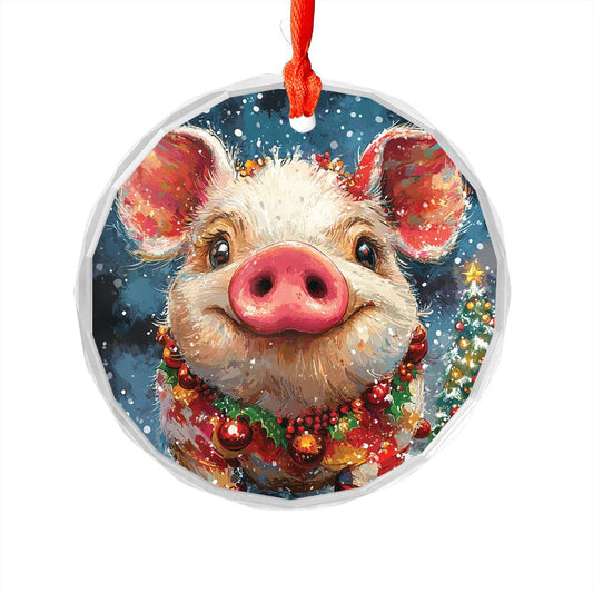 Beautiful Pig Christmas Night Design 2 Glass Ornament