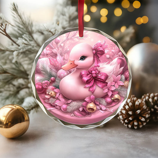 Duck Pink Christmas Design 1 Glass Ornament