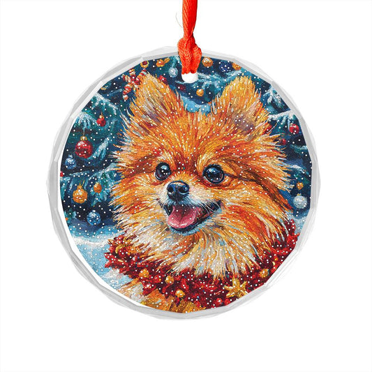 Beautiful Angus Pomeranian Dog Christmas Night Design 2 Glass Ornament