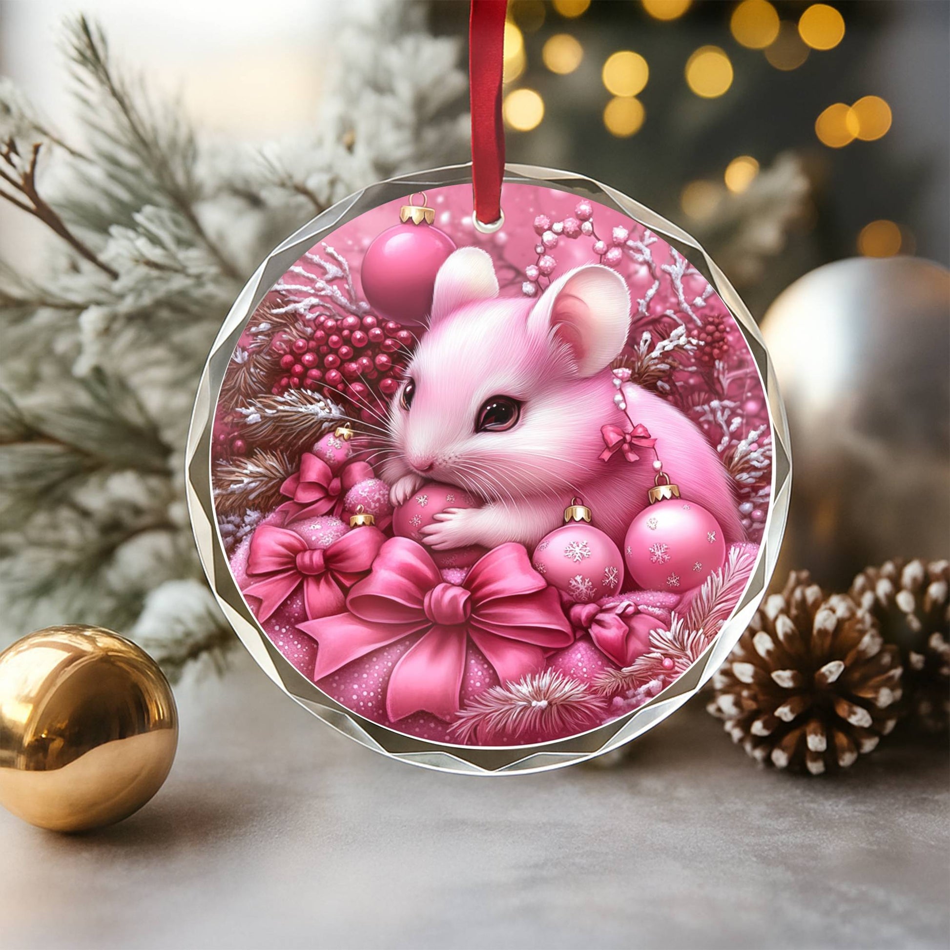 Hamster Pink Christmas Design 4 Glass Ornament