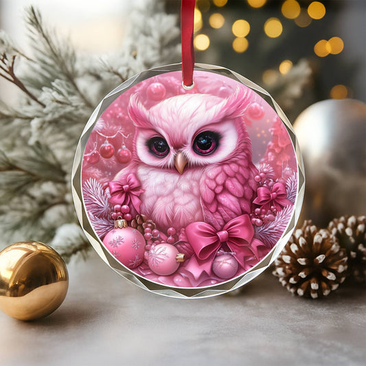 Owl Pink Christmas Design 4 Glass Ornament