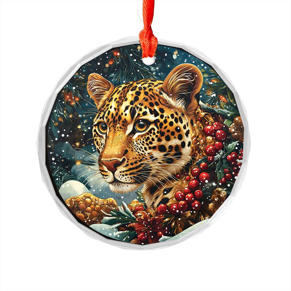 Beautiful Leopard Christmas Night Design 2 Glass Ornament