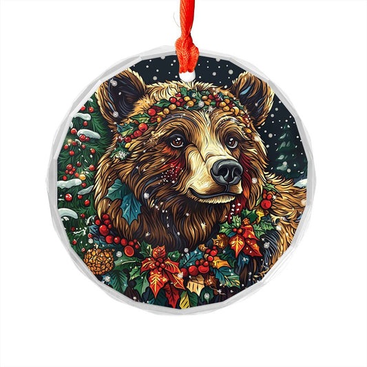 Beautiful Angus Grizzly Bear Christmas Night Design 4 Glass Ornament