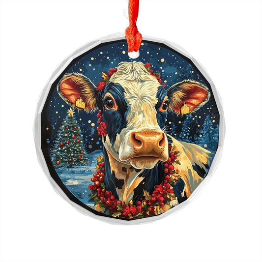 Beautiful Dairy Cow Christmas Night Design 2 Glass Ornament