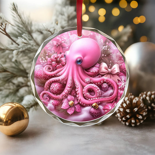 Octopus Pink Christmas Design 3 Glass Ornament