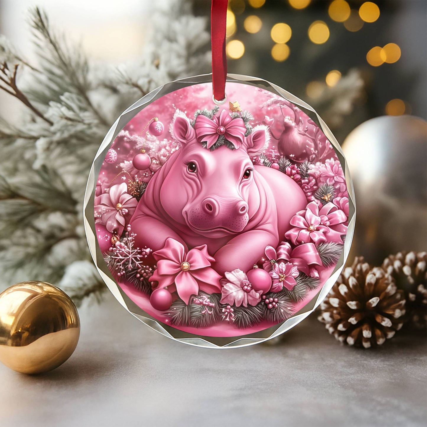 Hippo Pink Christmas Design 4 Glass Ornament