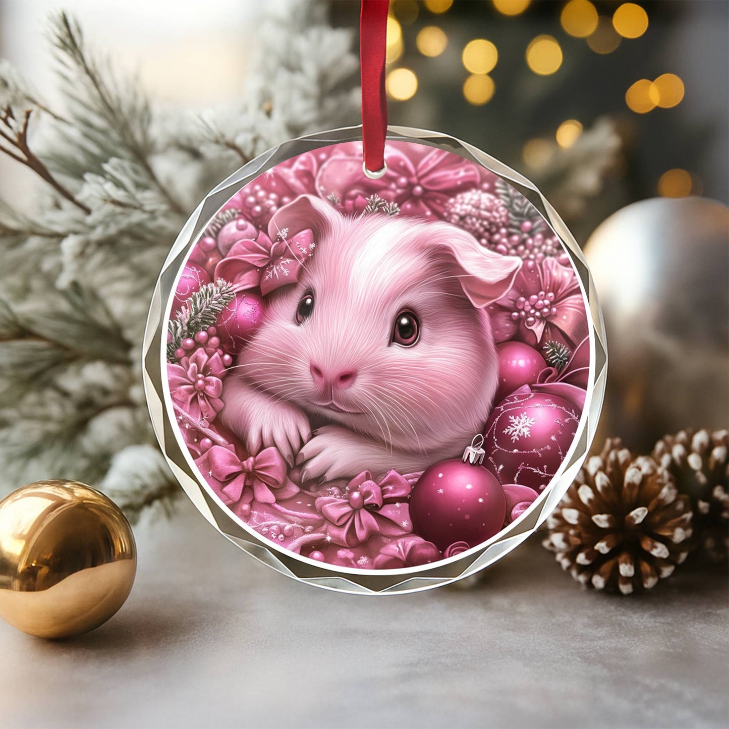 Guinea Pig Pink Christmas Design 1 Glass Ornament