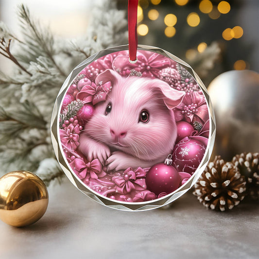 Guinea Pig Pink Christmas Design 1 Glass Ornament