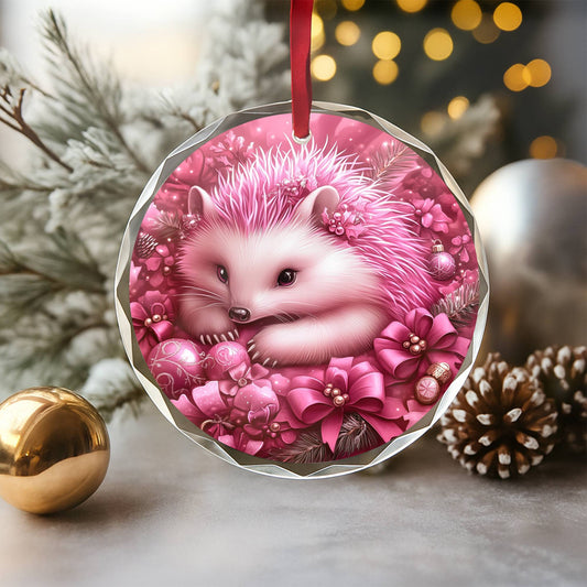 Hedgehog Pink Christmas Design 1 Glass Ornament