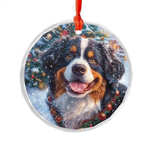 Beautiful Angus Bernese Mountain Dog Christmas Night Design 3 Glass Ornament