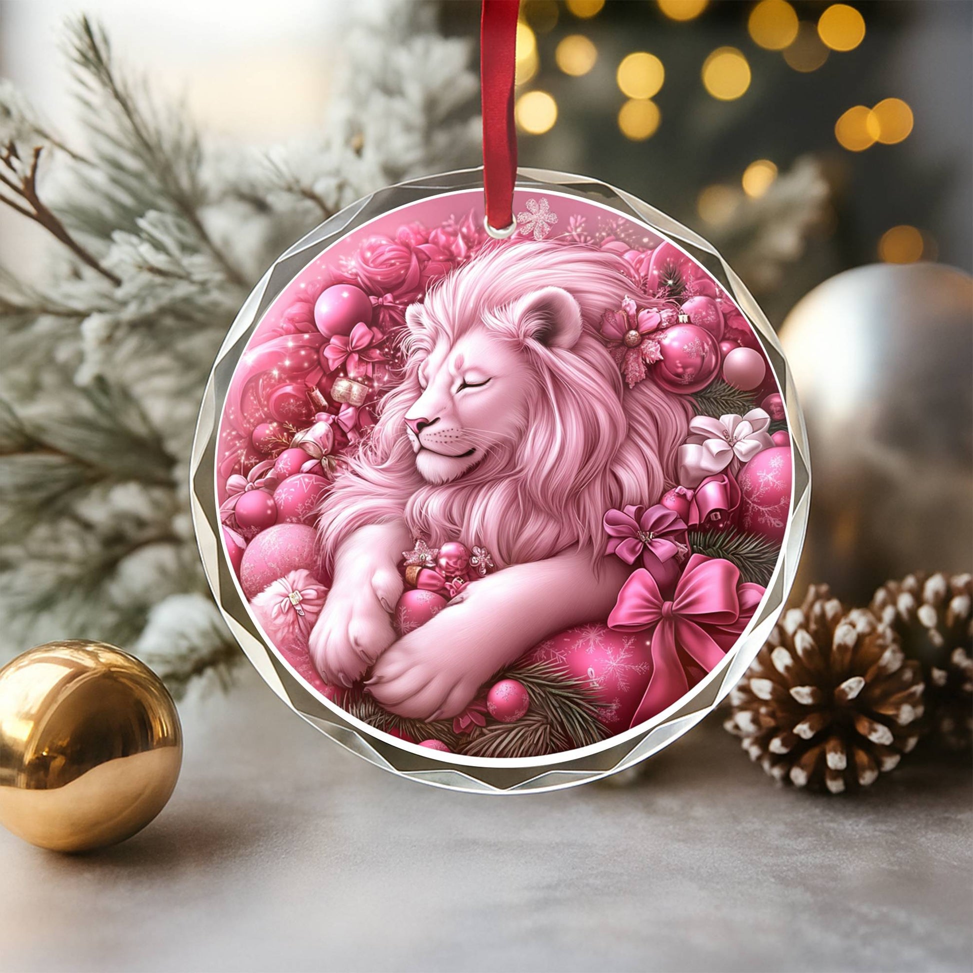 Lion Pink Christmas Design 2 Glass Ornament