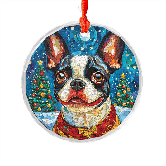 Beautiful Boston Terrier Dog Christmas Night Design 1 Glass Ornament