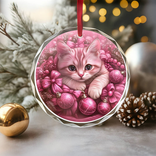 American Shorthair Pink Christmas Design 2 Glass Ornament