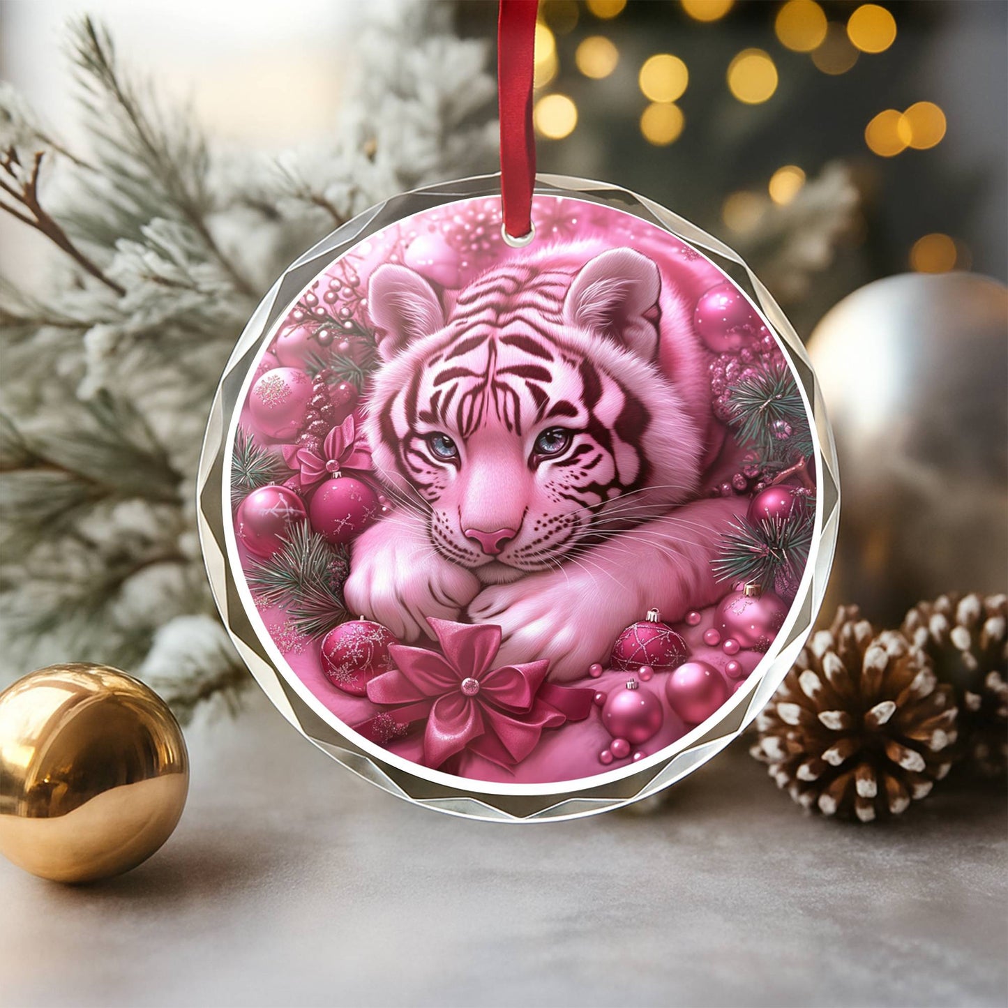 Tiger Pink Christmas Design 4 Glass Ornament