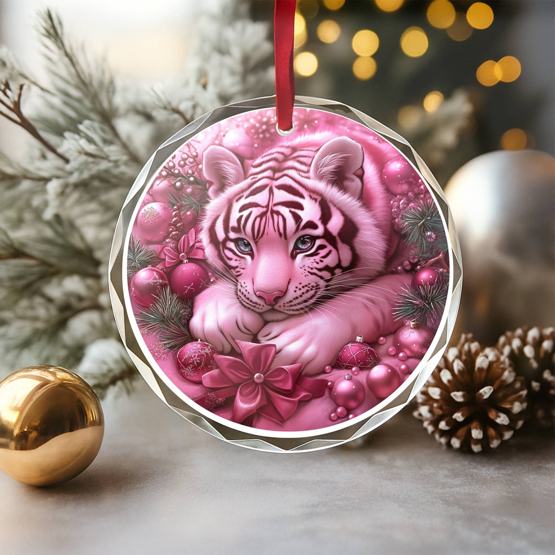 Tiger Pink Christmas Design 4 Glass Ornament