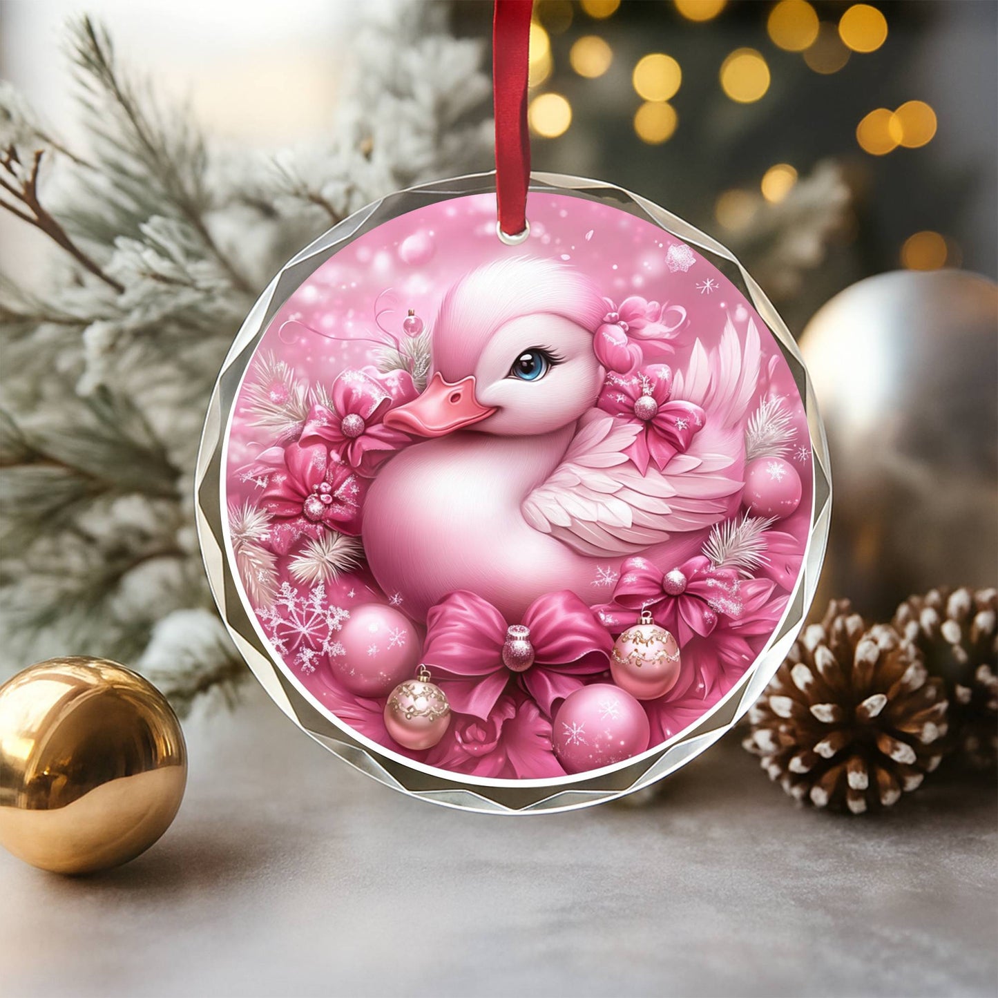 Duck Pink Christmas Design 3 Glass Ornament