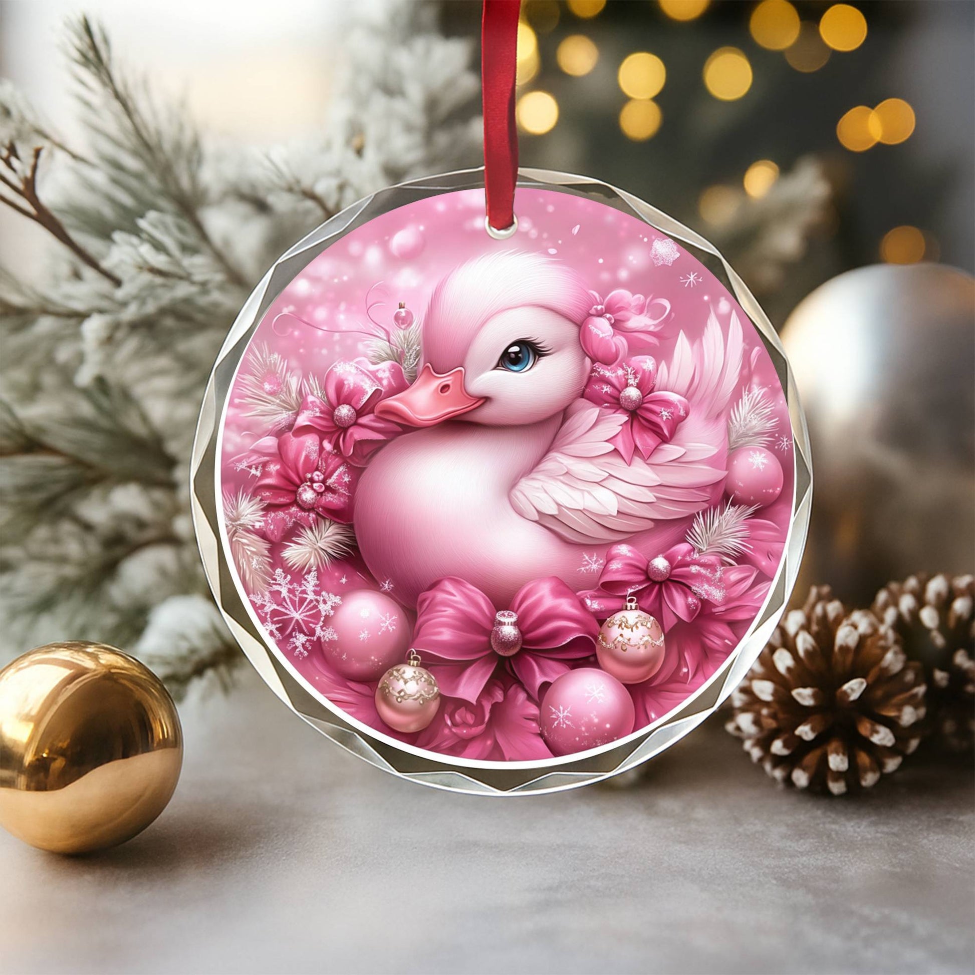 Duck Pink Christmas Design 3 Glass Ornament