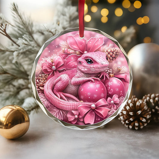 Lizard Pink Christmas Design 2 Glass Ornament
