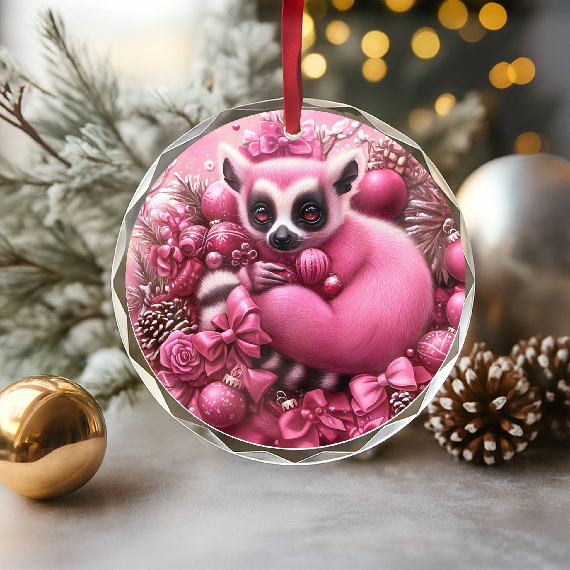 Lemur Pink Christmas Design 2 Glass Ornament