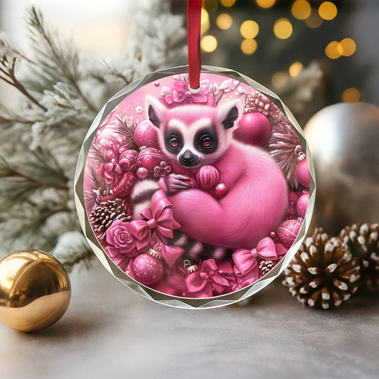 Lemur Pink Christmas Design 2 Glass Ornament