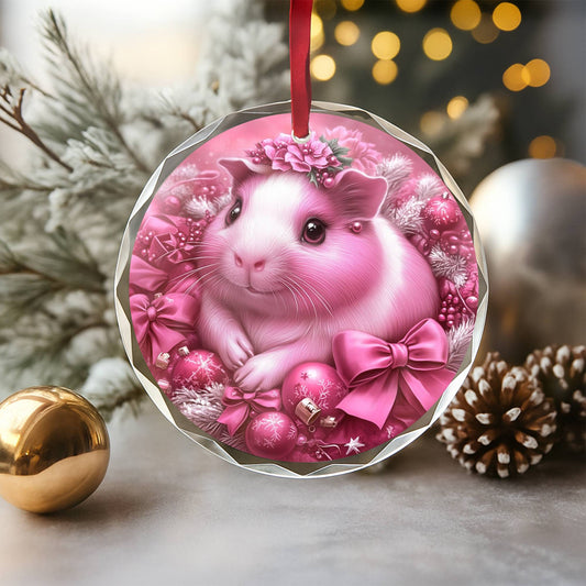 Guinea Pig Pink Christmas Design 3 Glass Ornament