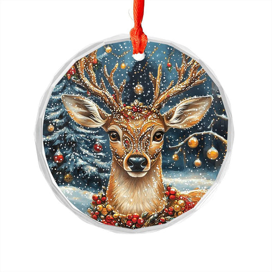 Beautiful Angus Deer Christmas Night Design 2 Glass Ornament