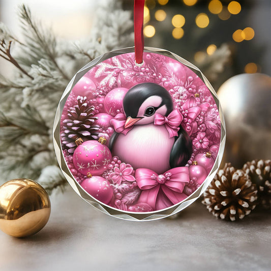 Penguin Pink Christmas Design 2 Glass Ornament