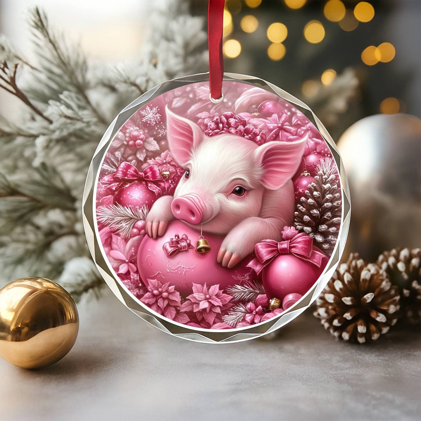 Pig Pink Christmas Design 4 Glass Ornament