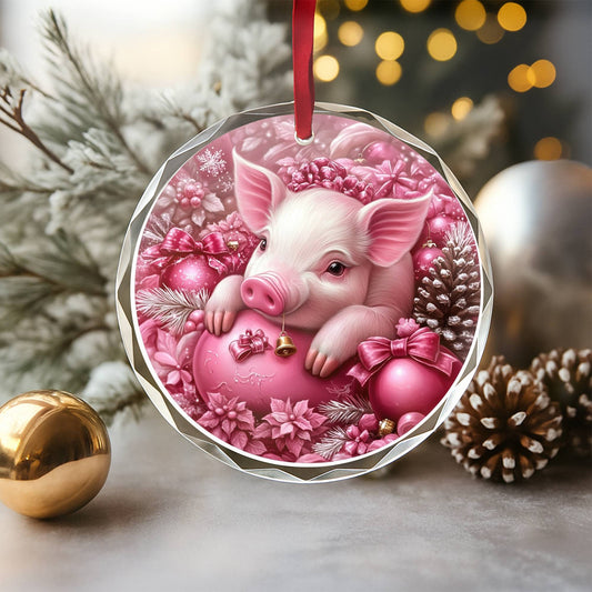 Pig Pink Christmas Design 4 Glass Ornament