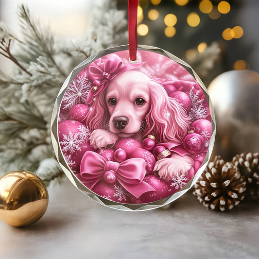 Cocker Spaniel Dog Pink Christmas Design 2 Glass Ornament